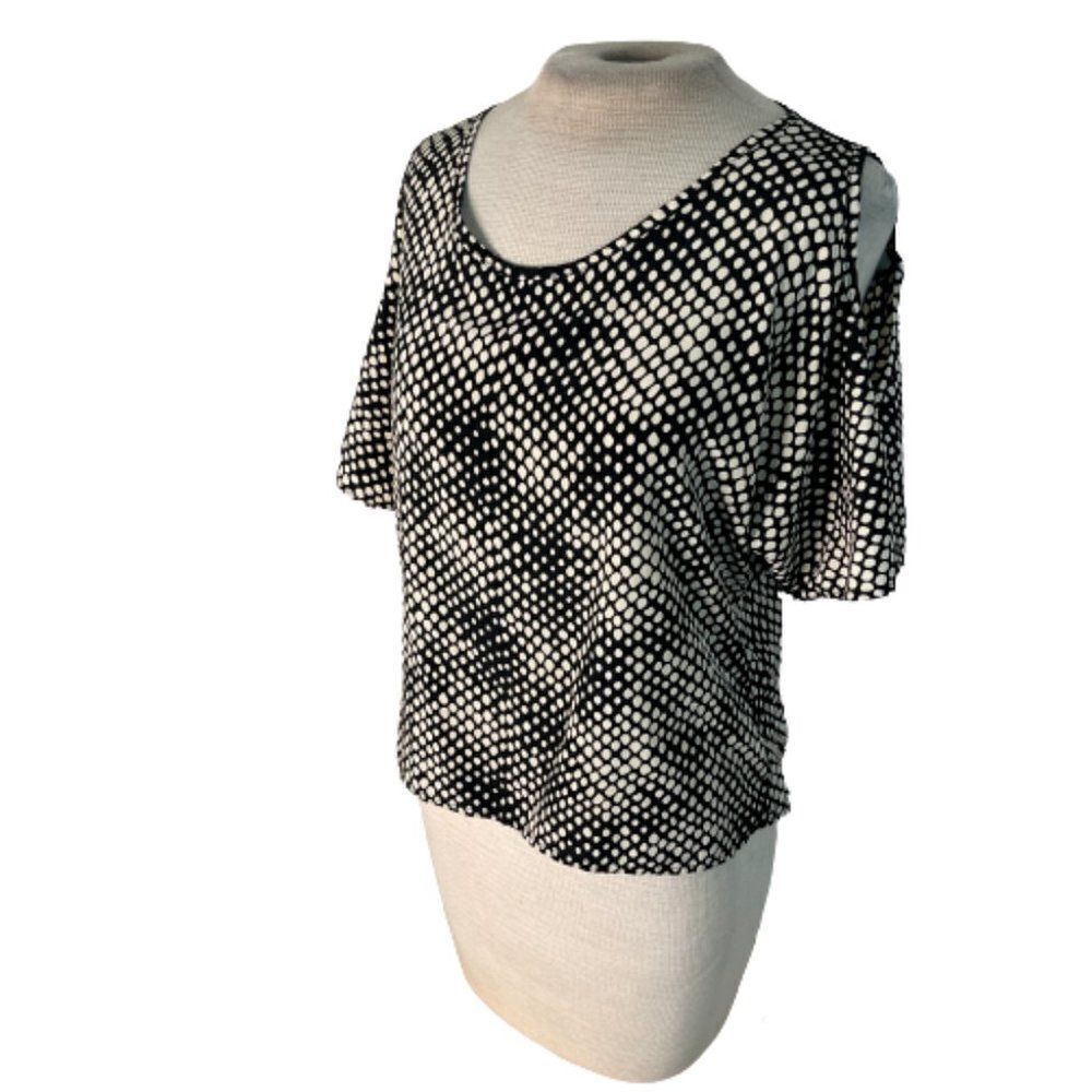Peaches & Cream Cold Shoulder Top Shirt Blouse Black Cream S Small